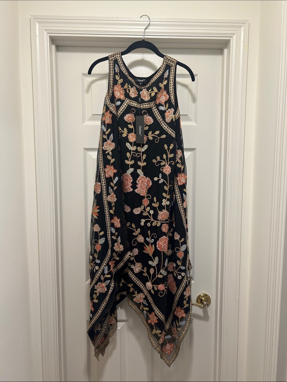 Tolani Black Asymmetrical Dress with Pink and Cream Floral Embroidery